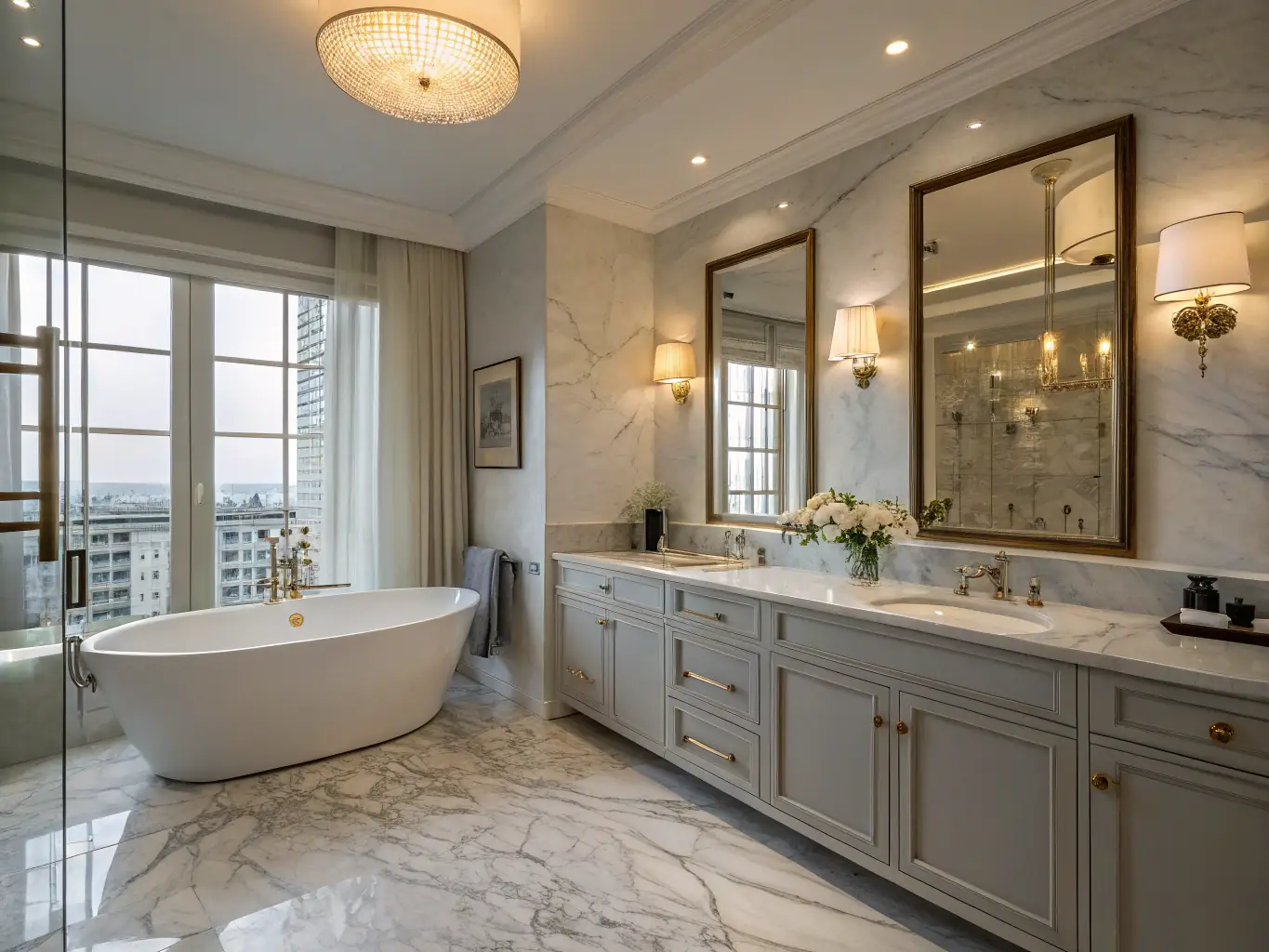 A beautifully remodeled luxury bathroom featuring modern fixtures, a freestanding tub, and elegant marble tile work, showcasing the high-end quality of All Interiors Constructions LLC's bathroom remodeling services.
