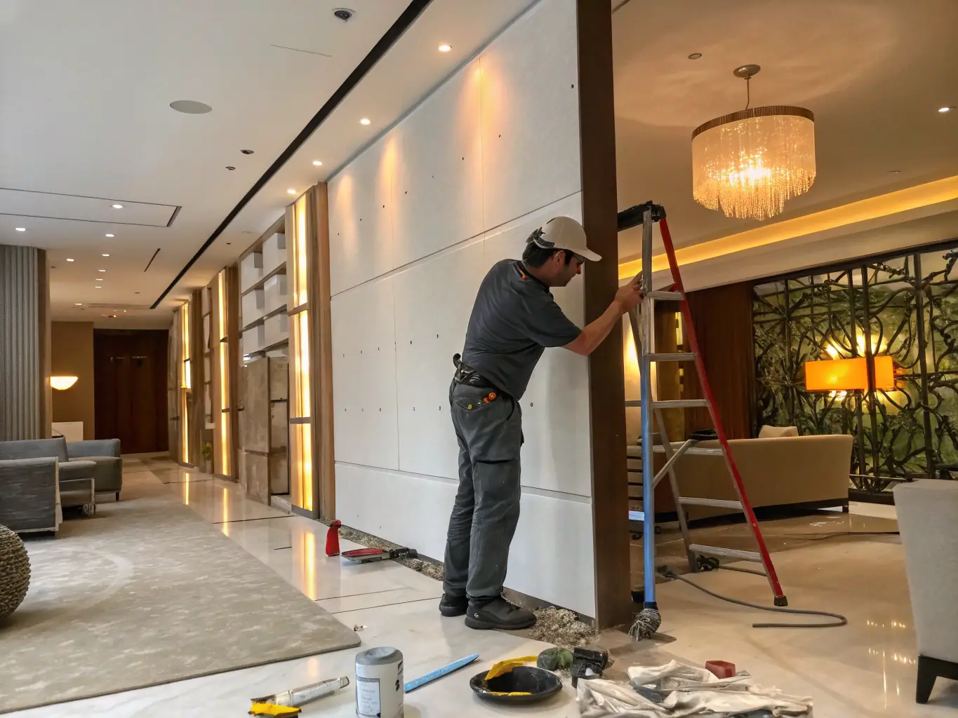 A team member of All Interiors Constructions LLC working on drywall installation in a newly renovated living room, ensuring a smooth and flawless finish before painting.