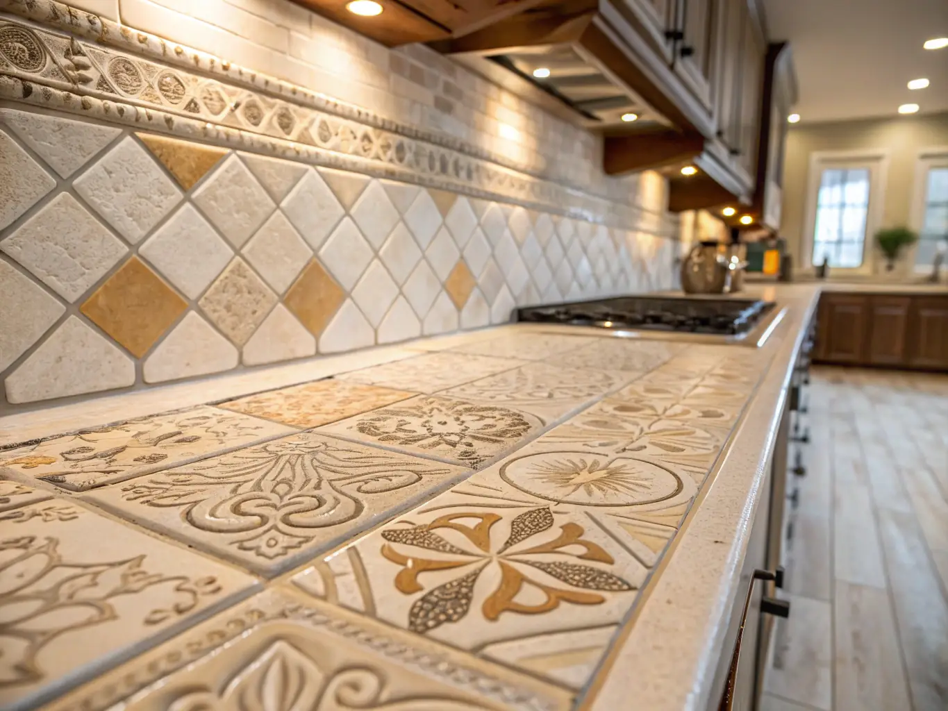 A close-up shot of expertly installed large-format tiles in a modern kitchen, highlighting the precision and seamless finish achieved by All Interiors Constructions LLC's tile installation team.